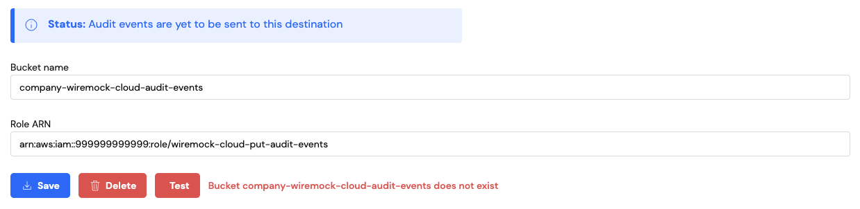 S3 audit event destination test failure