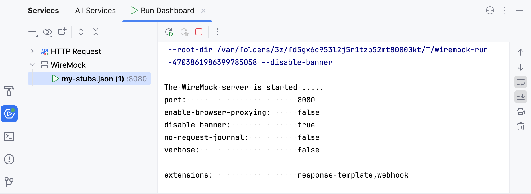 A running WireMock server in the Services tool window