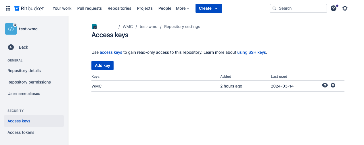 Bitbucket Access Keys Page