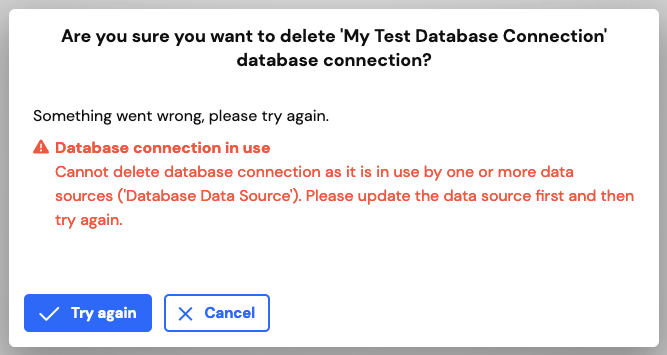 Delete a database connection confirmation error