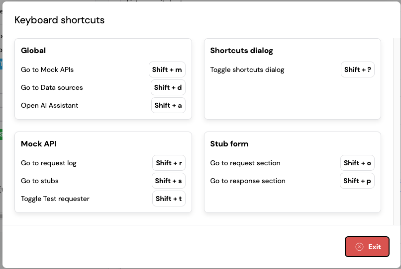 The keyboard shortcuts dialog
